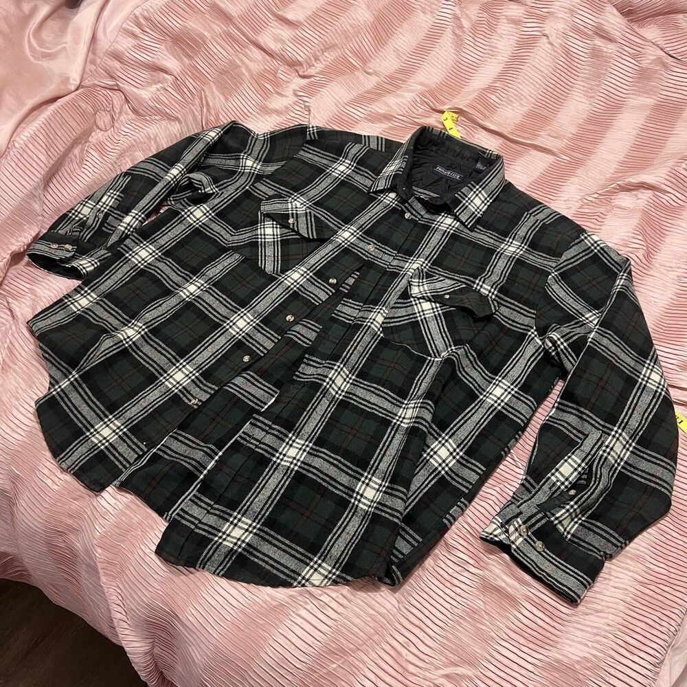 Vintage Private Club Mens Button Down Flannel Shirt 2XL Plaid Black Green